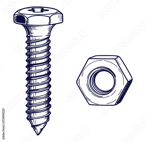 Detailed illustration of a screw with a hexagonal nut construction element design