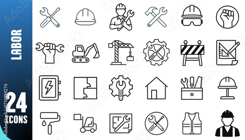 Labor icons featuring tools, construction equipment, and safety gear  