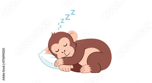 Adorable monkey takes a nap on a soft pillow, sound asleep in a peaceful slumber with dreamy Z's above his head with white background