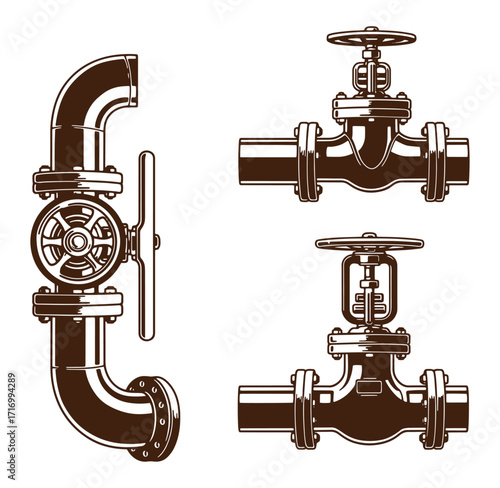Detailed illustration of industrial plumbing parts with valves and pipe fittings