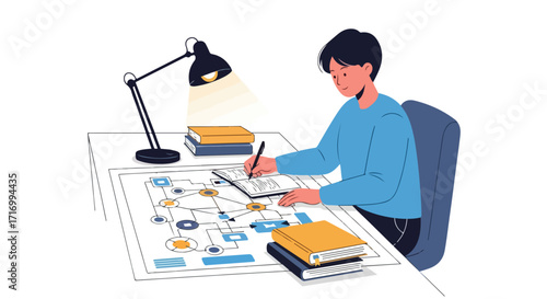 Creative professional developing innovative diagrams with focused study and insightful note-taking
