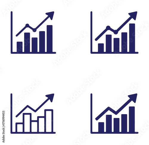 Four variations of upward trending business growth charts with line and bar graphs