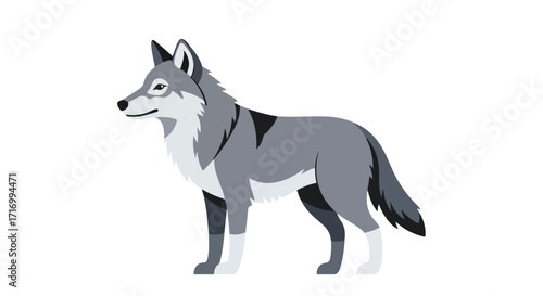 Cartoon illustration of a gray wolf standing on a white background expressing vigilance and embodying wildlife characteristics