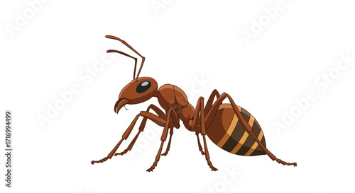 Digital rendering of a brown ant with striped abdomen showcases detailed features and clean illustrative style against white backdrop