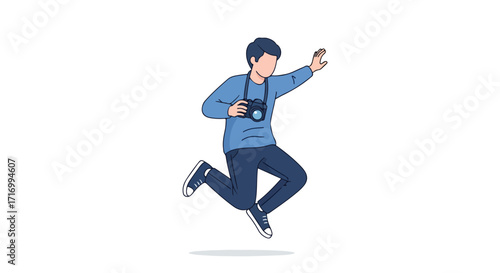 Enthusiastic photographer leaping in joy with camera in hand conveys a sense of vibrant energy and passionate engagement capturing moments