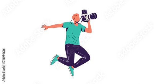 Enthusiastic photographer in mid-air capturing dynamic shots with a professional camera, highlighting passion and creativity in photography profession