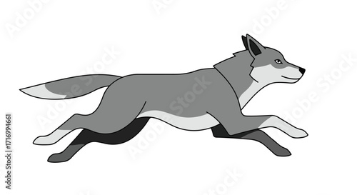 Animated canine predator running swiftly across a stark white space showcasing forward momentum and stylistic simplicity