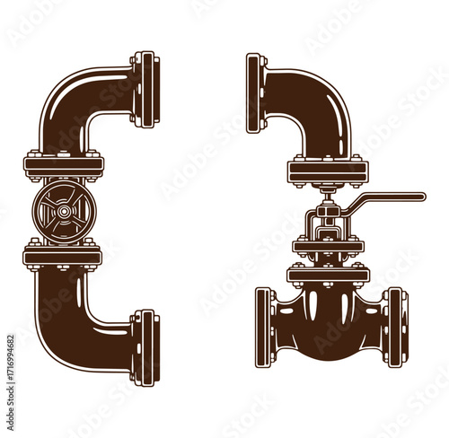 Illustrated vector of plumbing pipe system components with valves and industrial connections