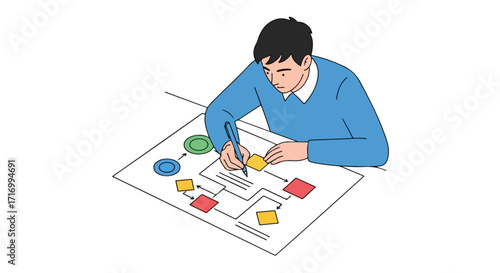 Creative business strategist delineating a flowchart with geometric shapes for strategic planning and project development process