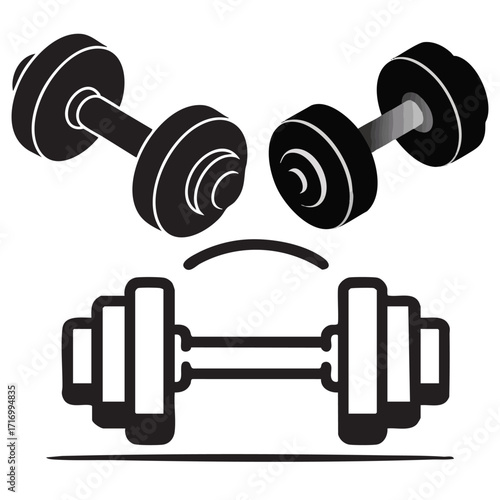 Flat Black Silhouette Dumbbell and Vector Icon Bundle – Fitness Gym Collection