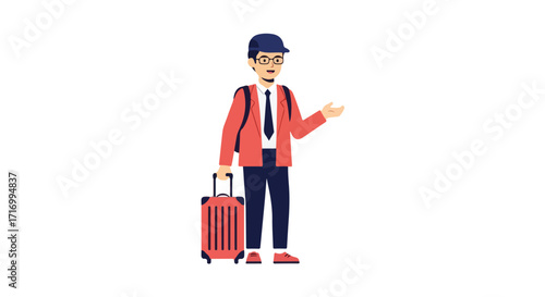 Animated traveler illustration with luggage in casual outfit, perfect for travel and tourism marketing, suitable for website and presentation