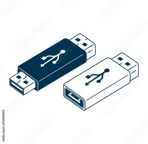 Isometric illustration of two usb flash drives in dark blue and white colors