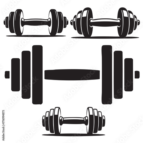 Flat Black Silhouette Dumbbell and Vector Icon Bundle – Fitness Gym Collection