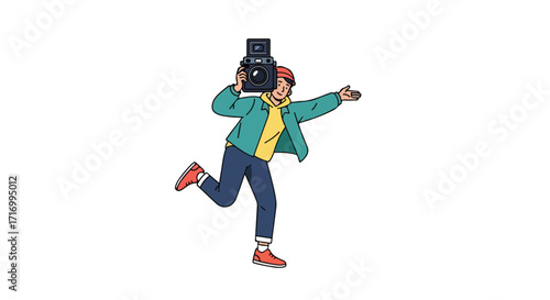 Enthusiastic photographer with vintage camera in a joyful pose suggesting movement and energy suitable for various creative projects