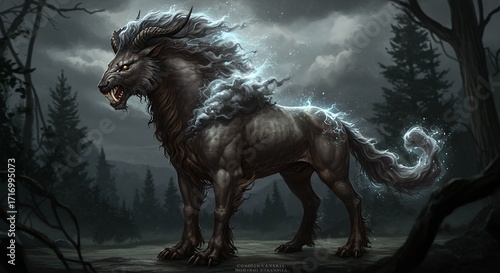Mythical beast in dark forest