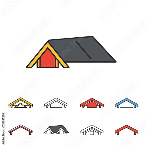 A collection of minimalist vector icons illustrating various roof styles and attic spaces, perfect for architectural design and construction industry branding.