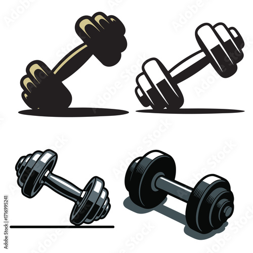 Flat Black Silhouette Dumbbell and Vector Icon Bundle – Fitness Gym Collection