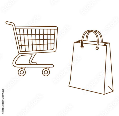 Simple illustration of shopping cart and shopping bag representing retail and purchasing