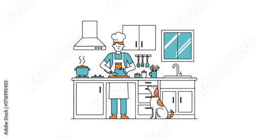 Animated kitchen scene featuring a chef preparing a meal while a dog observes, evokes a sense of culinary warmth and companionship in the space
