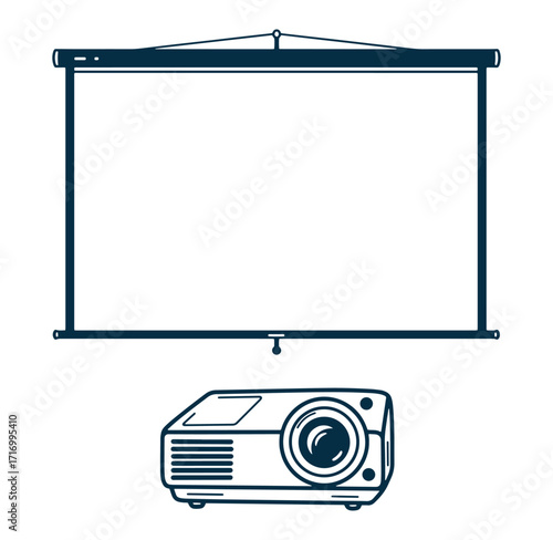 Simple vector illustration of a projector display screen and a professional multimedia projector