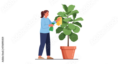 Illustration of a woman tending to a potted fiddle leaf fig plant with spray and cloth, focusing on home care and plant maintenance using cleaning