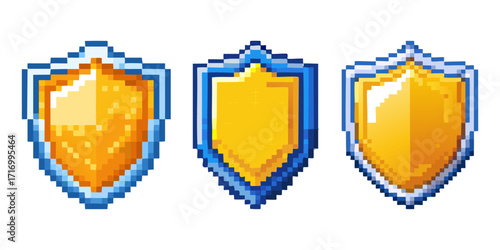 Three detailed pixel art fantasy shields with a golden and blue design in a magical retro style