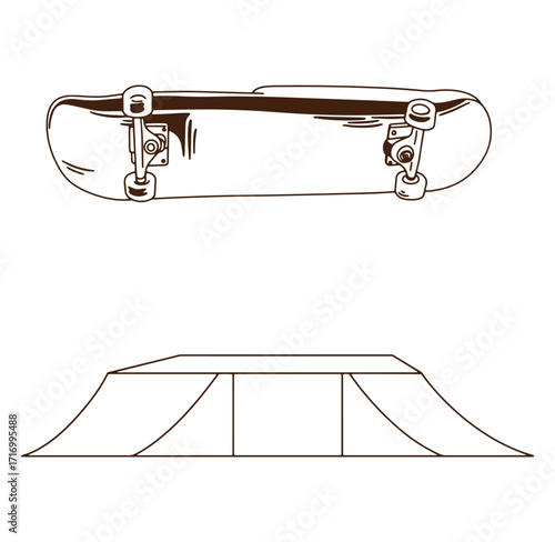 Skateboard above a skate ramp illustration in line art style for sports concepts