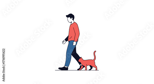 A simple illustration depicting a man walking alongside a playful cat, rendered in a minimalist style with clean lines and a restricted color palette