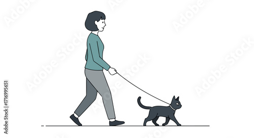 Stylized illustration showcasing a woman walking her elegant black cat on a leash outdoors during a pleasant daytime stroll