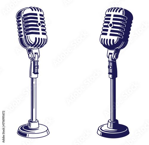 Two elegant vintage microphones illustrated against a white background for audio recording concepts