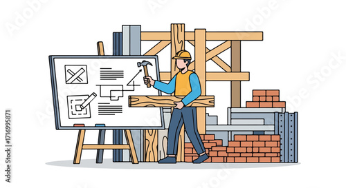 Construction worker carrying lumber next to a construction plan on a whiteboard stands on a construction site