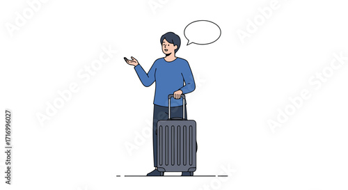 Animated traveler with luggage shares vacation thoughts, conveying excitement and planning with a speech bubble for visualizing destination ideas