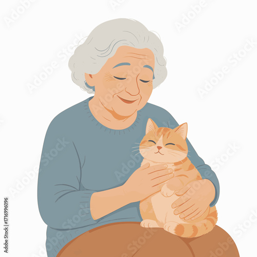 A vector illustration of an elderly woman with a cat, with solid colors and a white background, affectionate and cozy