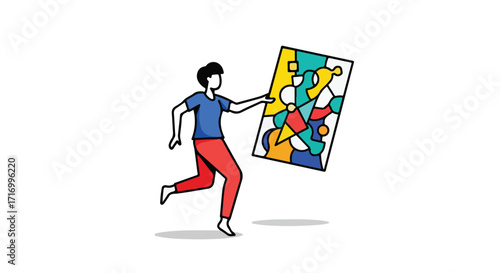 The runner showcasing a unique abstract painting in bright colors with black borders on white background