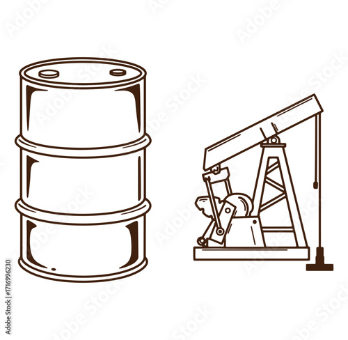 Vector illustration of oil barrel and oil pumpjack against a white background