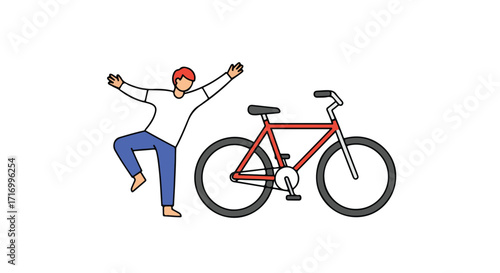 Joyful cyclist with open arms alongside his bicycle, celebrating a successful ride and feeling energized on a white background