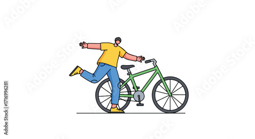 Whimsical illustration of a man playfully interacting with a bicycle on a minimalist white background promoting outdoor fun and leisure activities