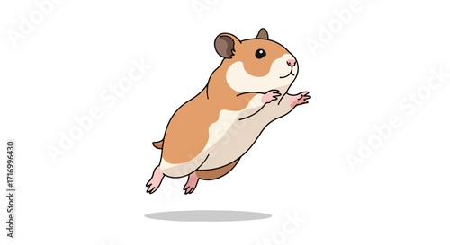 Delightful rodent levitating in mid-air, expressing dynamic animation, and adorable hamster character on white backdrop showcasing playful movement