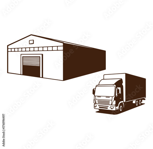 Warehouse and semi truck shipping delivery logistics concept illustration in simplified vector form