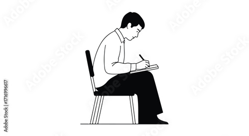 Monochrome depiction of a seated man intently writing or drawing in a notepad with pen concentrated creative process
