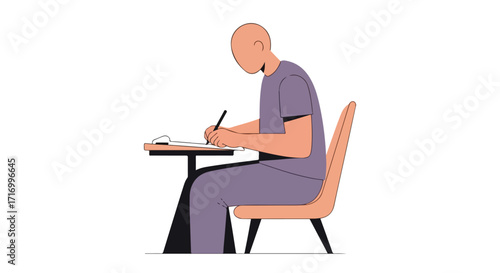 Concentrated individual engrossed in writing or drawing at a minimalist designed desk on an isolated background