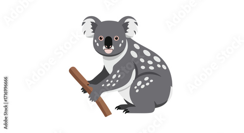 Cartoon Koala Character Gripping a Branch with its Hands, Isolated on a White Background