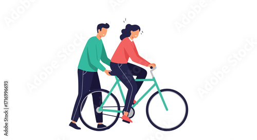 Bike riding learning process depicted with supportive instructor and eager learner illustration 52 characters