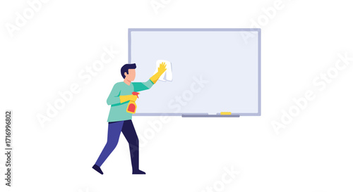 Illustrative cleaning scenario: Individual meticulously wiping down whiteboard with spray and cloth, focus on hygiene and cleanliness routine