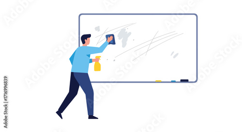 Illustrated figure meticulously cleaning a whiteboard with cleaning spray to erase scribbles meticulously for a fresh start