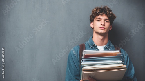 Young man carrying a large stack of student loan documents against a gray background - student debt, financial burden, serious expression, education costs