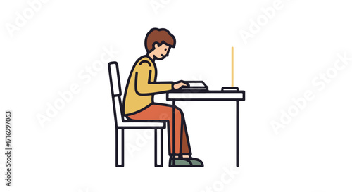 Person diligently working at a desk with focused concentration under minimalist light source setting a calm atmosphere for studies or tasks