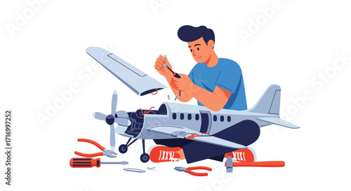 Man meticulously assembles a model airplane, showcasing his dedication to his aviation hobby and careful crafting on isolated background