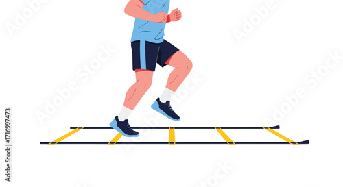 Illustration of an athlete training agility using a yellow and black agility ladder on white isolated background