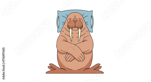 Sleepy Walrus Cartoon Illustration: A Charming Depiction of a Relaxing Ocean Creature Preparing for Peaceful Dreams and Restful Sleep